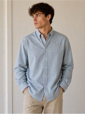 Ralph Lauren Light Blue & Navy Micro-Check Button-Down Shirt size 16 1/2 -34/35